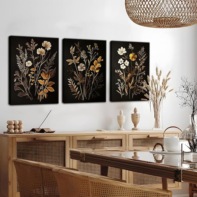 Vintage Black Flower Wall Art Decor Set of 3, Beautiful Wildflower Botanical Canvas Prints, Dark Academia Fall Floral Poster Painting Picture for Bedroom Living Room 12x16 Inch Framed