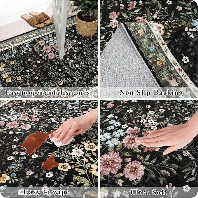 Washable Area Rugs 2x3 Entryway: Soft Ultra Thin Low Pile Mat Machine Washable Indoor Doormat Lightweight Entry Rug Anti Slip Backing Rugs for Living Room Bedroom Kitchen 2'x3' Black