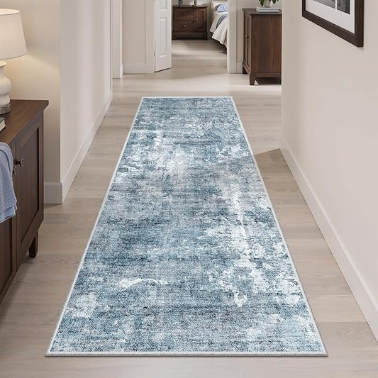 Soalmost Runner Rug 2'x6' Abstract Washable Non-Slip Runner Rugs for Kitchen Bathroom Laundry Room Blue Vintage Floor Carpet Runners for Hallway Entryway
