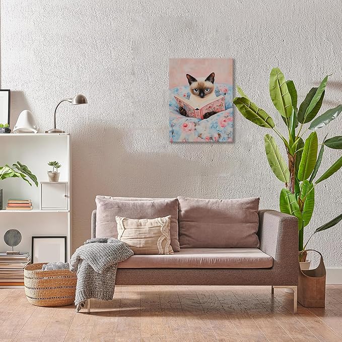 Framed Cat Reading Book Canvas Wall Art, Cute Pink Siamese Cat Wall Decor Print Painting, Funny Animal Lovers Picture for Bedroom Living Room Kids Room Girls Room Home Decor 16x24 Inch