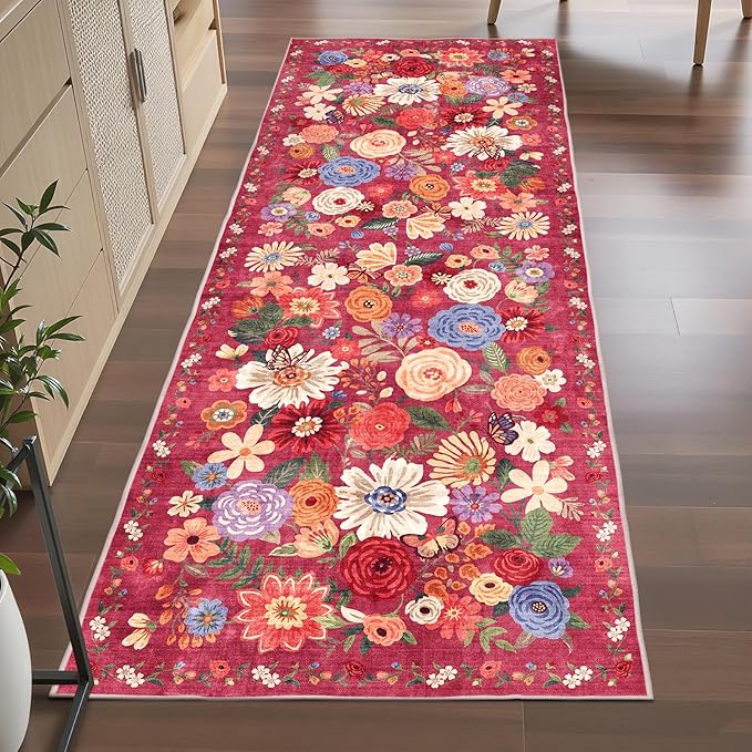 Rug for Hallways Kitchen Rug 3x7, Non Slip Washable Runner Rug with Rubber Backing Soft Floral Carpet for Hallways, Kitchen, Laundry, Bedroom, Bathroom, Red Garden