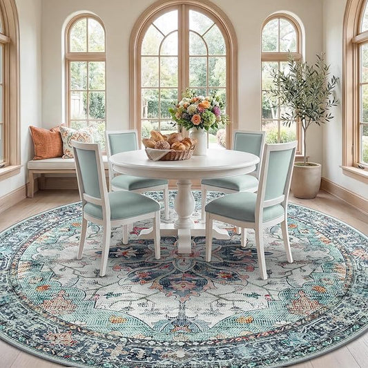 RELEANY Area Rugs 8ft Washable Non-Slip, Floral Vintage Distress Print Pattern Medallion Carpet for Living Room Bedroom Dining Room, Green Navy Blue White Red Teal Colorful