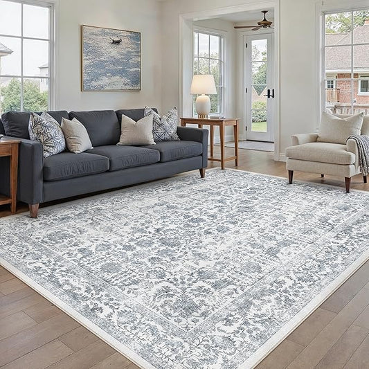 PureCozy Navy Blue Area Rug 8x10 Machine Washable Large Vintage Living Room Distressed Non Slip Carpet Traditional Indoor Bedroom Retro Floral Accent Throw Rug for Office Kitchen Dining Room