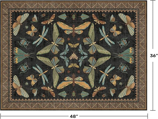 Hazo Haus Black Front Door Mat Indoor Entrance Non Slip Washable - 3x4 Throw Rug for Kitchen, Mudroom, Bedroom Bedside, Insect Boho Vintage Aesthetic Décor