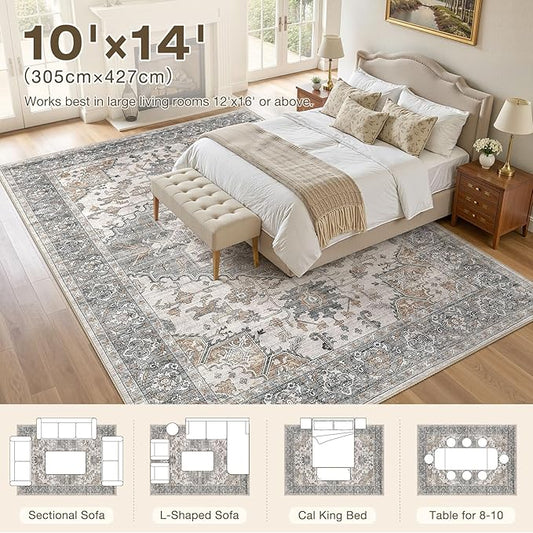 10x14 Washable Area Rugs for Living Room: Non Slip Vintage Gray Brown Rug, Large Soft Stain Resistant Indoor Floor Carpets for Bedroom Dining Room Nursery Home Office Kid & Pet Friendly