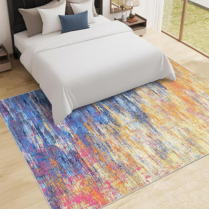 ROYHOME Modern Abstract Area Rug 4x6 Washable Rug for Living Room, Ultra Soft Rug for Bedroom, Non Slip Indoor Floor Carpet, Stain Resistant Rugs for Home Decor Office, Blue/Orange