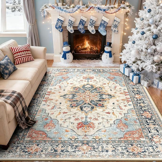 RELEANY Area Rugs 5'x7' Washable Non-Slip, Floral Vintage Distress Print Pattern Medallion Carpet for Living Room Bedroom Dining Room, Beige Navy Blue Orange Colorful