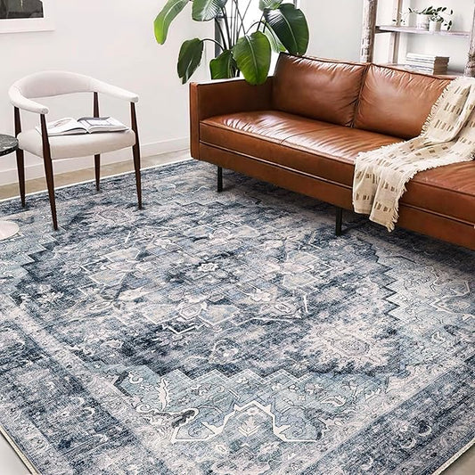 CHAMPLANT Washable Area Rug 10'x14' Dark Blue Retro Flowers Boho Design Non-Shedding Easy Care Ideal for High Traffic Areas in Living Room Bedroom Office Coffee Table Kitchen Large Carpet