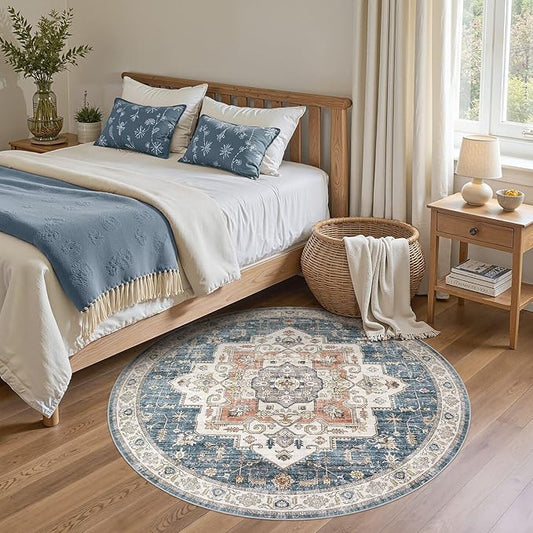 6x6 Round Area Rugs Washable Vintage - Soft Traditional Rugs for Living Room Large Non Slip Backing with Low Pile Farmhouse Oriental Retro Carpet for Bedroom Dining Room or Home Office - Blue