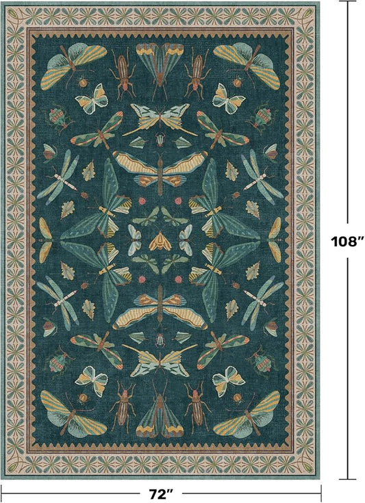 Hazo Haus Oriental Blue and Green Area Rugs for Living Room 6x9 - Insect & Butterfly Dining Table Rug, Bedroom Boys, Washable Non Skid Rubber Backed, Vintage Funky Home Décor