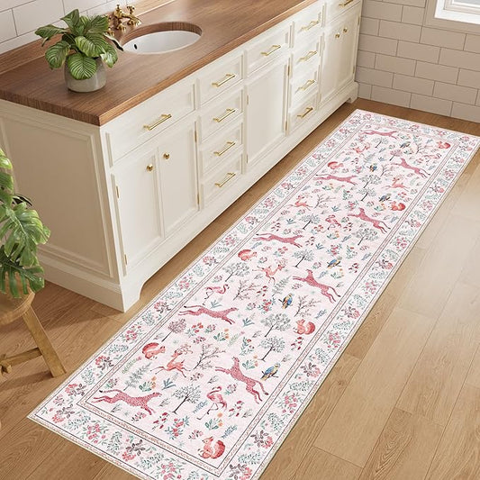 DUKINO 2.6x8 Rug for Hallway, Washable Kitchen Runner Rug with Non Slip Backing, Soft Low Pile Vintage Animal Runner for Bedroom, Kitchen, Hallway, Entryway, Laundry, Pink
