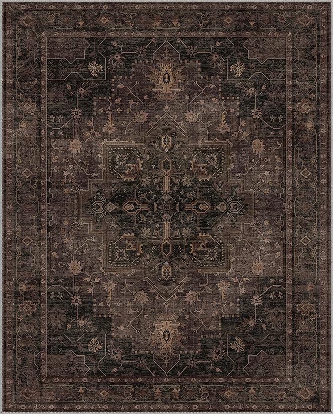 GENIMO 6x9 Area Rugs for Living Room, Machine Washable Rug, Non Slip Indoor Vintage Rug, Low Pile Lightweight Chenille Print Carpet for Bedroom Dining Room Home Office, Charcoal Brown