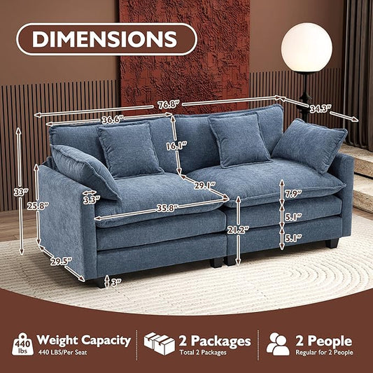 Ihanherry Cloud Sofa 77 Inch Loveseat, Modern Sectional Couch, 2-Seats Sofa for Living Room Bedroom and Apartment, Comfy Double Layer Upholstered Seat Cushion, Breathable Chenille Fabric, Blue