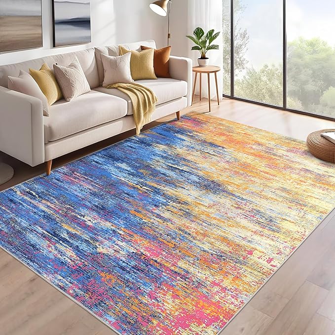 ROYHOME Modern Abstract Living Room Rug 8x10, Washable Area Rugs for Bedroom, Stain Resistant Non Slip Large Rug, Soft Indoor Carpet for Dining Room Table Home Decor, Blue/Orange