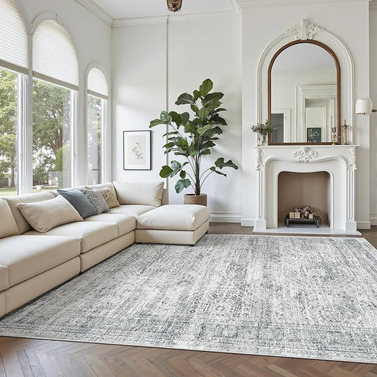 Soalmost 9x12 Area Rugs for Living Room, Non Slip Machine Washable Vintage Rugs, Low Pile Lightweight Large Rug for Bedroom, Dining Room, Home Office Grey