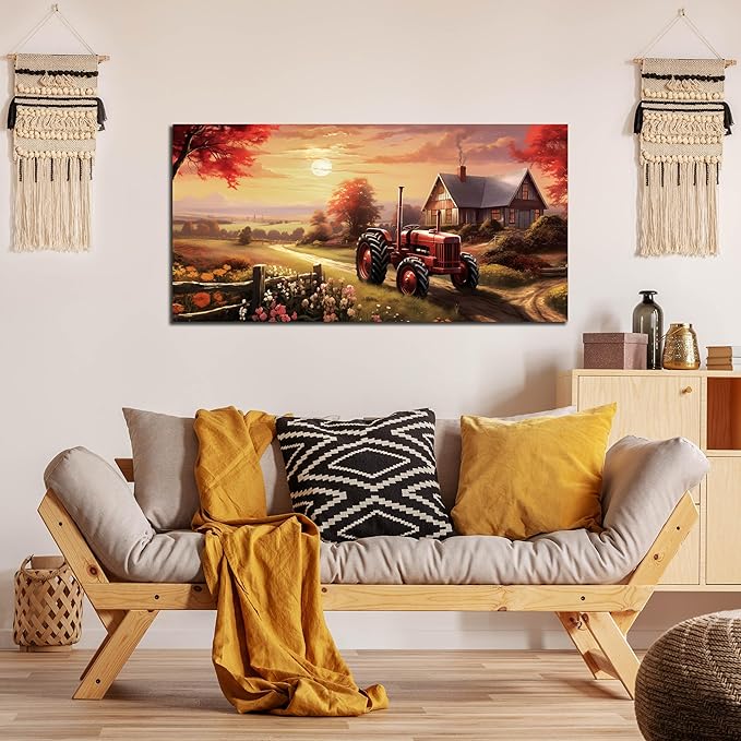 ANCXWOTER Canvas Wall Art Sunset Landscape Canvas Prints Vintage Red Tractor for Living Room Bedroom Office Home Decor Country Farmhouse Artwork 20x40 Inch