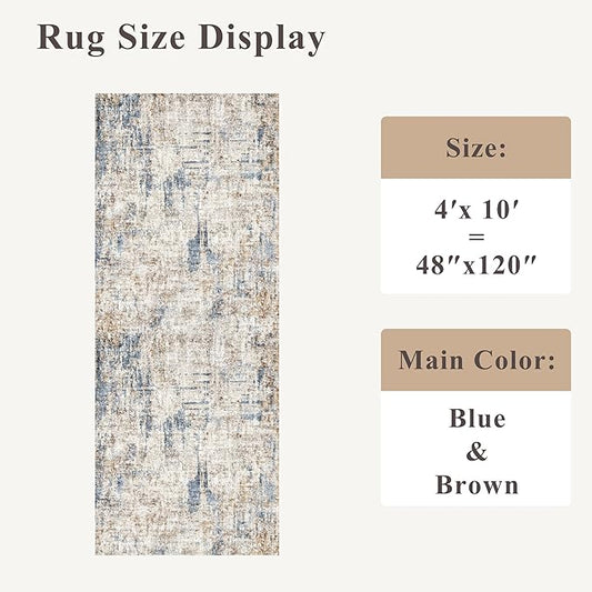4x10 ft Extra Wide Hallway Rug – Non-Slip Washable Rubber-Backed Large Carpet Runner for Kitchen, Entryway | Modern Abstract, Low-Pile Thin Floor Mat for Bedroom Living Room Dining Room(Blue Brown)