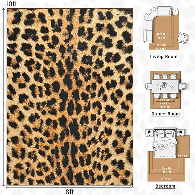 AROGAN Premium Leopard Rug for Living Room 8×10 Feet, Machine Washable Cheetah Rug Animal Print Hide Area Rug, Large Non-Slip Faux Fur Zebra Skin Rugs Carpet for Office Bedroom Dinner Room Home Decor