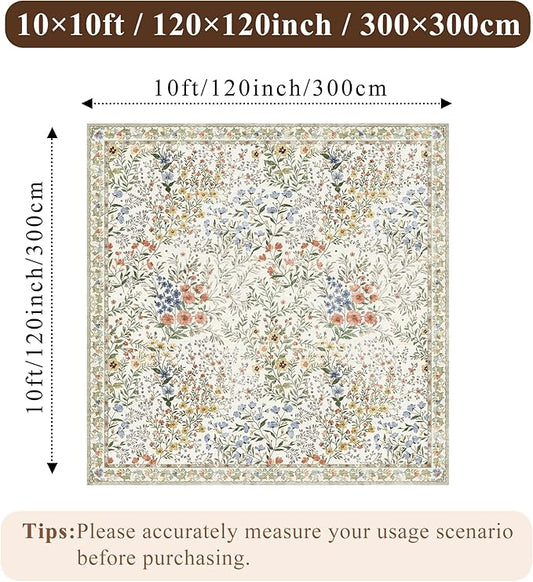 10x10 Square Area Rug Living Room: Boho Floral Washable Mat for Dining Room Bedroom Office High Traffic Area Soft Non Slip Low Pile Indoor Carpet for Vintage Farmhouse Home Decor (10ft Square, Beige)