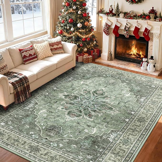 RELEANY Area Rugs 5'x8' Washable Non-Slip, Floral Vintage Distress Print Pattern Medallion Carpet for Living Room Bedroom Dining Room, Dark Green Gray