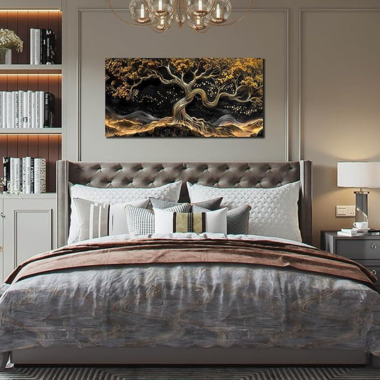 Gold Trees Canvas Wall Art for Living Room - Black Art Wall Decor for Bedroom - Office Artwork Wall Decor Size 20" x 40"
