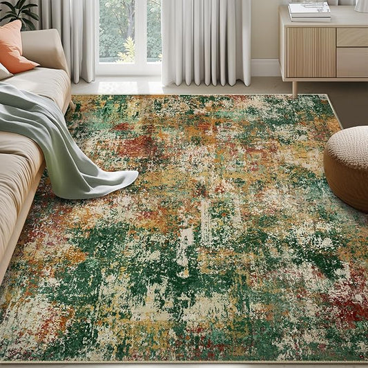 RELEANY Washable Area Rugs 5'x8' Non-Slip Modern Abstract Soft for Living Room Entryway Bedroom Nursery, Print Pattern, Green Orange Rust Red Cream Colorful