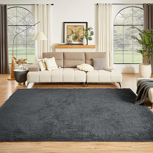 Floralux Area Rugs 9x12 Living Room, Dark Grey, Large Shag Rug Bedroom Rug, Ultra Soft Shaggy Fluffy Carpet for Playroom, Plush Modern Carpets for Kids Room, Dorm Home Decor Aesthetic