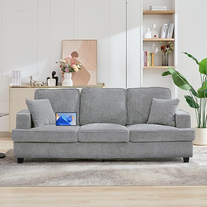 Korser Three Seater Couch for Living Room, Sofa Couches with Deep Seat & Armrest, Comfy Modern Sofas in Chenile for Living Room Bedroom Office Apartment, Pewter