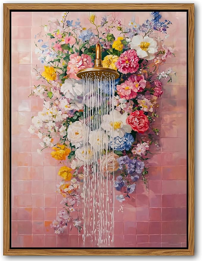 Floating Framed Floral Shower Wall Art, Pink Bathroom Flower Canvas Print, Romantic Blooming Roses Waterfall Painting, Cottagecore Botanical Wall Decor for Bathroom Bedroom Living Room 12x16 Inch
