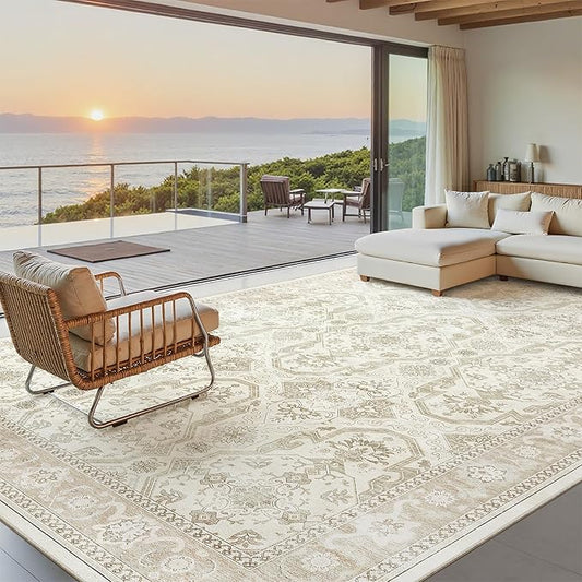 Soalmost 7x10 Area Rug for Living Room Washable Abstract Vintage Soft Thin Indoor Floor Non-Slip Carpet for Bedroom Dining Room Beige/Brown