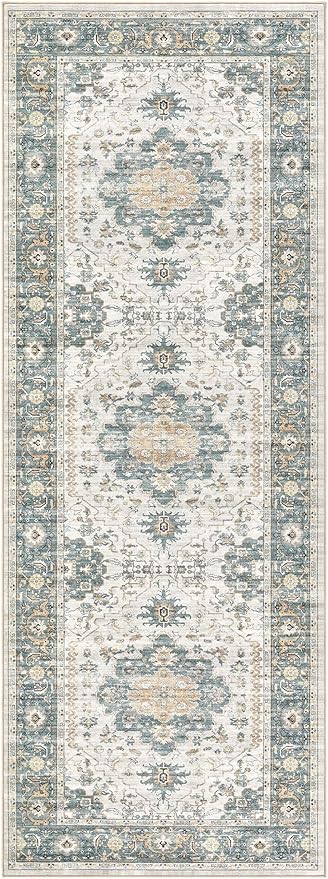 EIEIHOUSE Washable 2x6 Runner Rug - Area Rugs Neutral Vintage Distressed Floral Farmhouse Boho Large Soft Floor Rug Indoor Carpet for Hallway Entryway Bedroom Kitchen - Green/Grey