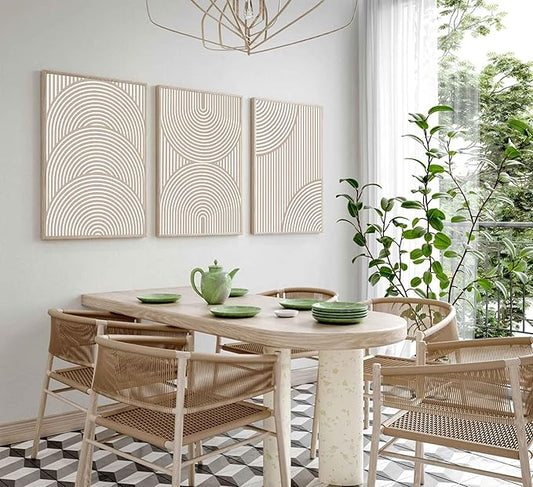 3Pcs Beige Neutral Wall Art Boho Minimalist Line Canvas Paintings Abstract Beige and White Line Wall Decor Mid Century Geometric Posters Prints for Living Room Bedroom Office Art Pictures Unframed