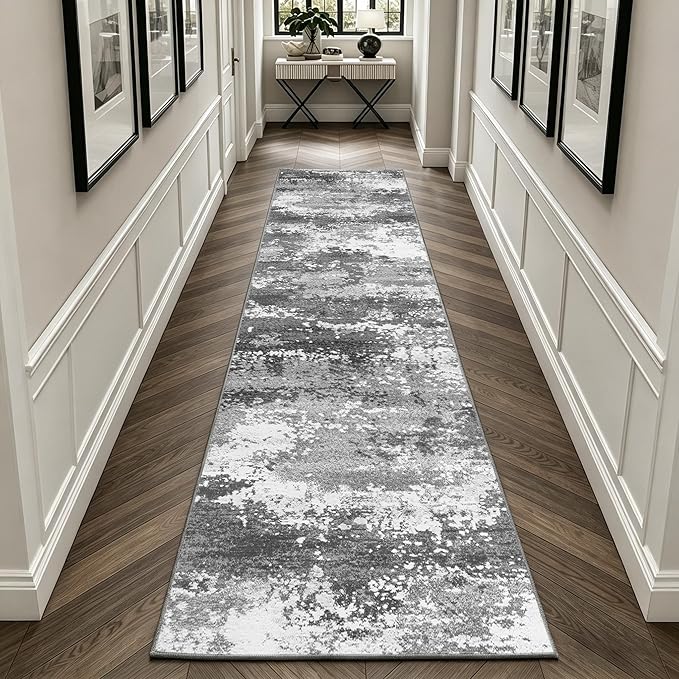 12 FT Extra Long Runner Rug for Hallway Washable, 2.6x12 Large Kitchen Floor Runners Non Slip, Entryway Runner Carpet Low Pile Stain & Fade Resistant, Abstract Gray