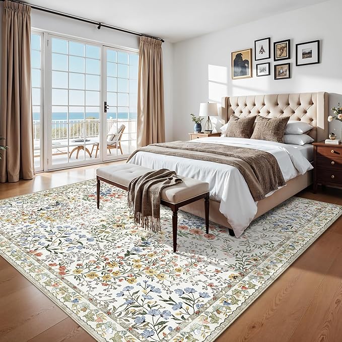 10x10 Square Area Rug Living Room: Boho Floral Washable Mat for Dining Room Bedroom Office High Traffic Area Soft Non Slip Low Pile Indoor Carpet for Vintage Farmhouse Home Decor (10ft Square, Beige)