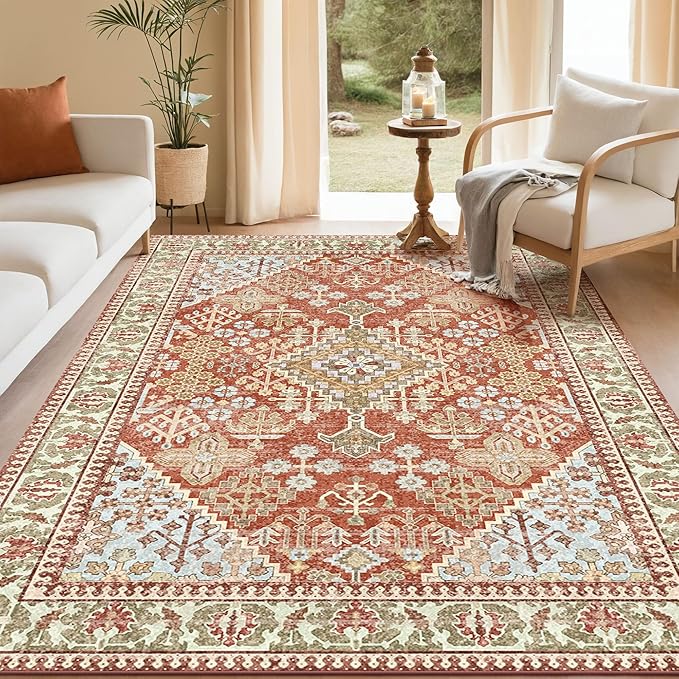 Kokia 5x7 Area Rugs for Living Room, Machine Washable Low Pile Rug, Non Slip Backing Boho Rugs for Bedroom, Printed Soft Vintage Carpet Orange 5 x 7