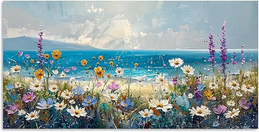 TutuBeer 1 Pcs Boho Beach Coastal Vintage Floral Wall Picture Rustic Wildflower Field Vintage Wall Art Canvas Prints Daisy Flowers Sea Canvas Print Farmhouse Wall Art for Home Wall Decor 8x16inch