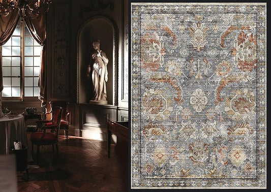 RUGSURE Washable Area Rugs - Perfect for Living Room, Bedroom, Kids Room, Nursery - Stain & Water Resistant Non-Slip, Pet & Child Friendly, Vintage Tribal Area Rugs (Turmeric and Grey, 9' x 12')