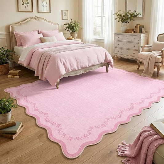 GarveeHome Valentines Scalloped Area Rugs 8x10 for Girls Bedroom, Solid Pink Large Washable Rug Soft Non Slip Backing Floor Mat Carpet Indoor Thin Rug for Living Room Dining Room Playroom Nursery