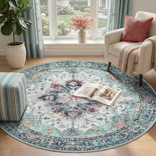 RELEANY Area Rugs Round 4ft Washable Non-Slip, Floral Vintage Distress Print Pattern Medallion Carpet for Living Room Bedroom Dining Room, Green Navy Blue White Red Teal Colorful