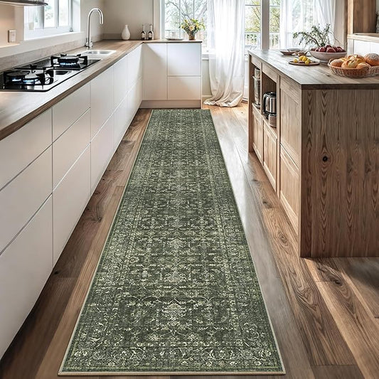 2x12 Green Runner Rug Hallway Washable Area Rugs Kitchen Vintage Boho Non Slip Long Rug Floral Carpet Indoor Retro Soft Low Pile Throw Rug for Bedroom Bathroom Laundry Dining Living Room Office