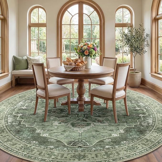 RELEANY Area Rugs Round 8ft Washable Non-Slip, Floral Vintage Distress Print Pattern Medallion Carpet for Living Room Bedroom Dining Room, Dark Green Gray