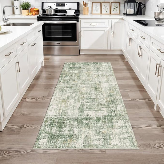 3x6 Washable Wide Runner Rug – Non-Slip Floor Carpet Runner for Kitchen Entryway Hallway Bathroom, Modern Abstract Low Pile Thin Area Rug (Sage Green)