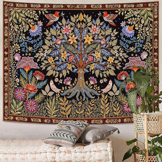 Lunerfex Tree of Life Wall Tapestry - Vibrant Folk Art & Botanical Wall Hanging for Bedroom and Living Room Decor - Boho Nature Tapestries 90"x70"