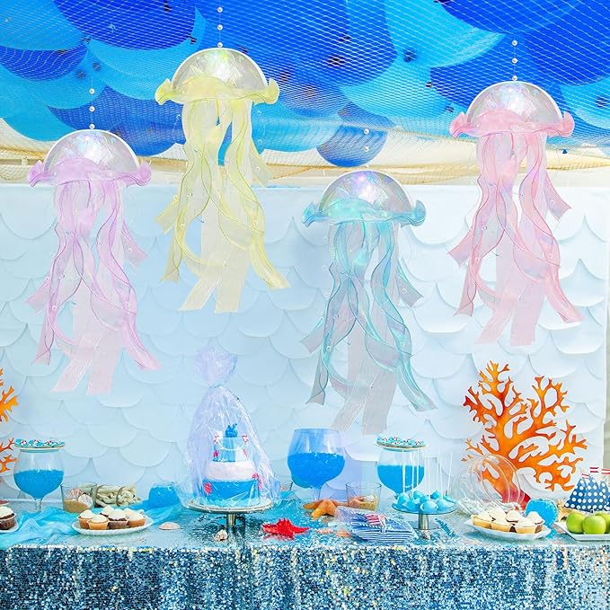 Rossesay 8 Pcs Colorful Jelly Fish Light Lamp Hanging Jellyfish Decorations LED Jellyfish Lantern for Birthday Under Sea Mermaid Wedding Baby Shower Ocean Theme Ceiling Bedroom Decor