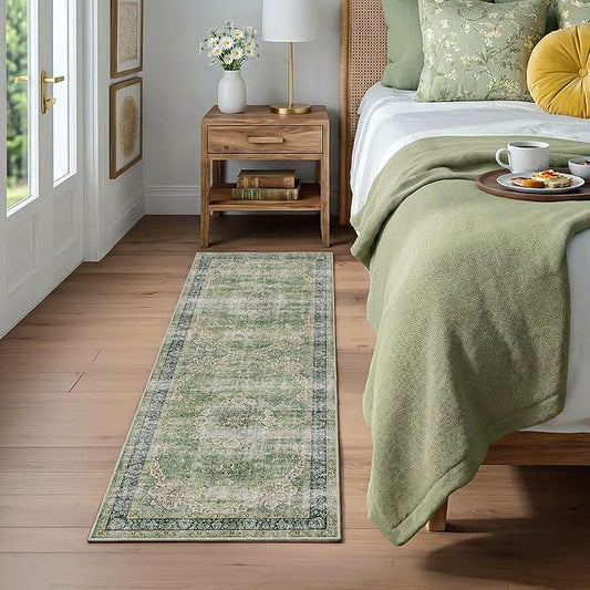 FMFUNCTEX 2x6 Hallway Runner Rug Green Vintage Washable Distressed Oriental Non Slip Low Pile Neutral Indoor Carpet Retro Antique Thin Entryway Rug for Kitchen Bedroom Bedside Laundry Entry Bathroom