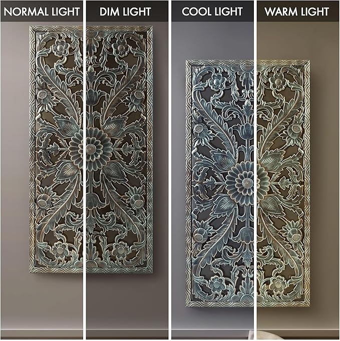 Madison Park Wall Art Living Room Décor - Floral Antiqued Wooden Carving Wall Decor Panel, Copper Embellished, Ready to Hang Wall Decor for Bedroom, 15.75"W x 31.5"L x 0.59"D, Patina Blue, 2 Piece