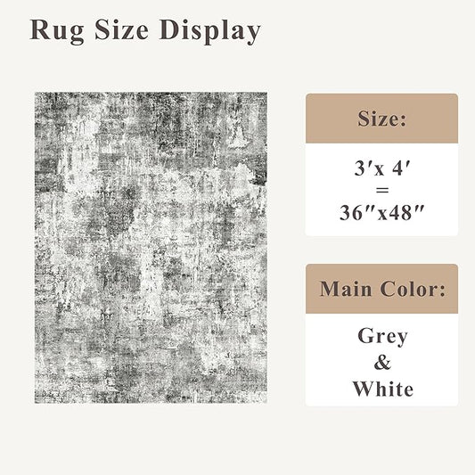 3x4 Washable Entryway Area Rug - Non-Slip Modern Small Indoor Mat for Bathroom,Living Room,Bedroom - Abstract Neutral Soft Low-Pile Throw Carpet with Rubber Backing(Grey)