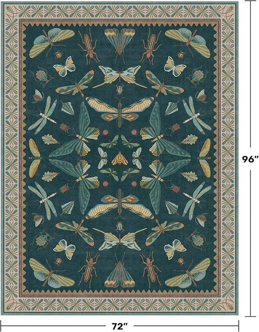 Vintage Teal Area Rugs for Living Room 6x8 - Floral & Butterfly Pattern Dining Rug, Low Pile Soft Bedroom Carpet, Washable Non Skid Rubber Backed, Forest Funky Home Dรฉcor