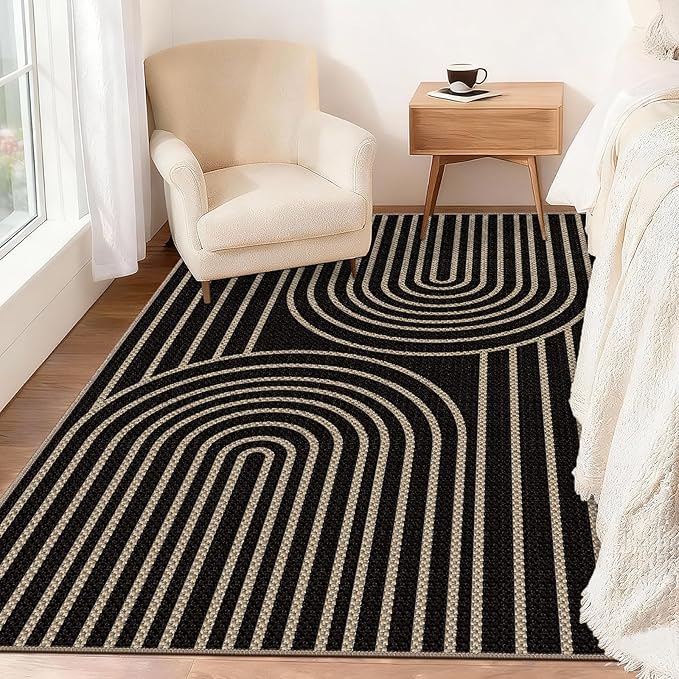 Easy Jute Rugs for Entryway, 3' x 5' Indoor Outdoor Rug, Black Farmhouse Washable Ultra-Thin Non-Slip Area Rug for Foyer, Backdoor, Living Room, Kitchen, Bedroom, Balcony