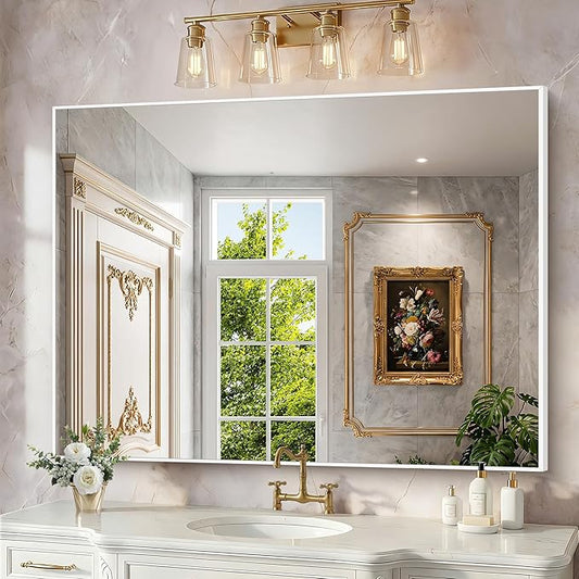 BONEWEI White Bathroom Mirror,36x48 inch Wall Mirror for Bathroom Wall Mounted,Large Rectangle Mirror for Bathroom Over Sink,Modern Metal Frame for Living Room,Bedroom Entryway,Horizontal/Vertical